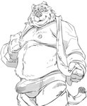 anthro belly big_belly bulge clothed clothing humanoid_hands kemono male moobs navel nipples open_clothing open_shirt open_topwear overweight overweight_male shirt solo topwear underwear undressing yamakake felid mammal pantherine tiger 2022 monochrome