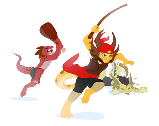 anthro black_bottomwear black_clothing black_pants bottomwear brown_body brown_clothing brown_horn brown_markings brown_topwear clothed clothing eyes_closed fight food green_body green_eyes group holding_food holding_object horn male markings narrowed_eyes open_mouth pants purple_body purple_markings red_body running simple_background three-quarter_view topwear trio unsigned white_background yellow_body corzh77 species_request absurd_res hi_res