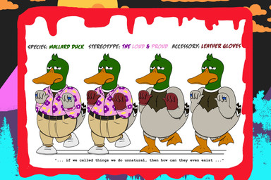 1980s_theme anthro beak belt blood blue_fingers bodily_fluids bright_colors chest_tuft clothing feathers feet flower_shirt footwear freddie_drake_(the_party_animals) gloves green_head handwear head_tuft horror_(theme) humor khaki_pants leather leather_clothing leather_gloves leather_handwear lgbt_pride male membrane_(anatomy) no_genitals nude pattern_clothing pattern_shirt pattern_topwear quote raised_leg shirt shoes solo text toes topwear tuft webbed_feet white_clothing white_footwear white_shoes alystairphantem the_party_animals anas anatid anseriform avian bird dabbling_duck duck mallard 3:2 absurd_res english_text hi_res model_sheet