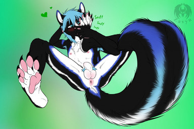 5_toes animal_genitalia anthro anus armpit_hair auto_foot_sniff balls black_body black_fur blue_body blue_fur blush body_hair bulge butt claws feet foot_fetish foot_focus foot_on_face foot_sniffing fully_sheathed fur genitals heart_symbol hindpaw male musk pawpads paws presenting presenting_hindquarters sheath sniffing sniffing_self soles solo spreading toe_claws toes zavyn mammal mephitid skunk