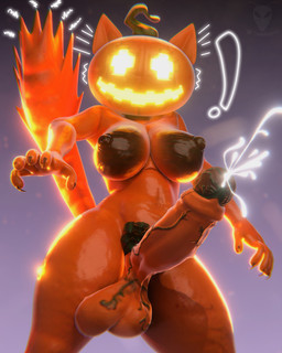 anthro areola balls big_balls big_penis bodily_fluids breasts claws cum ejaculation fluffy fluffy_tail for_a_head genital_fluids genitals glistening glistening_areola glistening_arms glistening_body glistening_breasts glistening_nipples glistening_thighs glowing glowing_eyes glowing_face gynomorph huge_balls huge_penis intersex leaf_pubes looking_at_viewer nipples orange_body orange_skin penis pubes pumpkin_head scared shocked small_waist solo startled tail thick_thighs wide_hips wasplit twilightv0ids_(modeler) epic_games fortnite spice_(fortnite) domestic_cat felid feline felis mammal object_head 3d_(artwork) 4:5 absurd_res digital_media_(artwork) hi_res