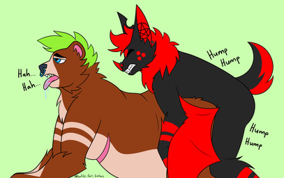 anthro black_body black_fur blue_eyes bodily_fluids brown_body brown_fur doggystyle drooling duo from_behind_position fur humping male male/male multicolored_body multicolored_fur multicolored_tail overweight overweight_anthro penetration penile penile_penetration piercing saliva sex tail text levisatanic levi_(levisatanic) bat bear mammal hi_res trans_(lore)