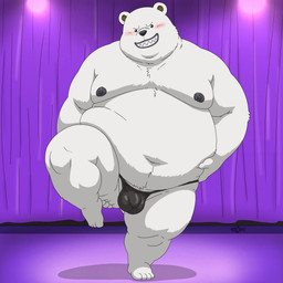anthro belly blush bulge clothing detailed_bulge fur grin male moobs navel nipples overweight sharp_teeth smile solo teeth thong underwear white_body white_fur bobbellyboy one_piece bepo_(one_piece) bear mammal minkmen_(one_piece) polar_bear ursine 1:1 2026 hi_res