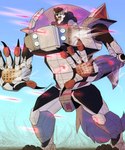 anthro fighting_pose gun laser lore machine machine_gun male mecha missile_launcher missile_pod muscular muscular_anthro muscular_male pilot_uniform pose ranged_weapon smoke solo text weapon depictionexpress ailurus1854_(depictionexpress) ailurid mammal red_panda absurd_res english_text hi_res