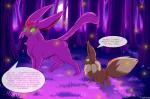 2014 all_fours ambiguous_gender butt candyfoxy canid canine detailed_background dialogue digital_media_(artwork) duo eevee eeveelution english_text espeon feral forest generation_1_pokemon generation_2_pokemon hypnosis male mammal mind_control nintendo open_mouth outside plant pokemon pokemon_(species) shaded standing text tongue tree
