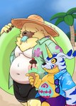 aloha_shirt animal_skin anthro beach belly bottomwear bulge clothing dessert duo food fur hat headgear headwear horn ice_cream male male/male musclegut muscular pattern_clothing pattern_shirt pattern_topwear pecs popsicle shirt shorts size_difference slightly_chubby straw_hat striped_body striped_fur stripes swim_ring topwear grenym bandai_namco digimon angoramon digimon_(species) gabumon hi_res