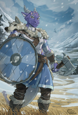 animal_skin anthro arm_tattoo armor axe belt bracers clothing footwear holding_axe holding_object holding_shield horn leather leather_strap logo male nipples nordic outside purple_body round_shield shield snow solo straps tail tattoo text wolf_skin yellow_eyes spiritinchoco mythology ambient_dragon dragon mythological_creature mythological_scalie scalie 2026 artist_logo artist_name digital_media_(artwork) hi_res