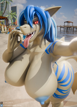 anthro areola beach big_breasts blue_areola blue_hair blue_nipples blue_stripes breasts fellatio_gesture female female_anthro front_view gesture grey_body hair huge_breasts looking_at_viewer nipples non-mammal_breasts non-mammal_hair non-mammal_nipples nude outside presenting pupils red_eyes selfie slit_pupils solo standing striped_body stripes suggestive suggestive_gesture tongue tongue_out furry_ghosty aquatic fish shark 2026 3d_(artwork) absurd_res digital_media_(artwork) hi_res