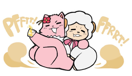 anthro beckoning blush bodily_fluids bow_(feature) bow_ribbon butt drooling drunk duo exclamation_point fart fart_cloud fart_fetish flower fur gesture hand_on_chest hand_on_shoulder horn hug looking_at_viewer looking_back looking_down looking_pleasured male onomatopoeia overweight overweight_male pink_body pink_fur plant saliva simple_background sound_effects substance_intoxication text toasting tree white_background white_body white_fur white_fur_tuft white_wool wool_(fur) sacredsun519 amagi_brilliant_park macaron_(amagi_brilliant_park) tirami bovid bovine canid canine canis caprine domestic_dog mammal pomeranian sheep spitz digital_media_(artwork) english_text