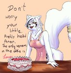 anthro apron apron_only big_breasts binder_(restraint) black_body black_fur breasts cake clothed clothing dessert female fluffy food food_stains frilly frilly_clothing fur fur_markings genitals heterochromia leaning leaning_forward leaning_on_furniture markings mostly_nude partially_clothed pussy restraints solo text white_body white_fur womb_tattoo laffulaffubread lucielle_(laffulaffubread) chimera english_text