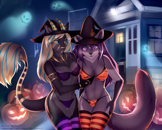 anthro bikini blonde_hair blue_eyes breasts building clothing detailed_background duo female food fruit hair hand_on_breast hat headgear headwear holidays house legwear magic_user navel plant pumpkin purple_eyes purple_hair smile stockings swimwear text thigh_highs two-piece_swimsuit witch felicia_cat halloween canid canine canis domestic_dog ghost hybrid mammal spirit 2018 digital_media_(artwork) url