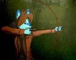 anthro arrow_(weapon) black_nose blue_body blue_fur blue_inner_ear bow_(weapon) breasts brown_clothing brown_eyebrows brown_eyes brown_hair brown_jacket brown_topwear clothed clothing cosplay detailed_background drawing_bowstring eyebrows female forest fur grass hair holding_bow_(weapon) holding_object holding_ranged_weapon holding_weapon humanoid_hands jacket mockingjay_symbol outside plant ranged_weapon snout solo standing topwear tree weapon pandaririn the_hunger_games katniss_everdeen canid canine canis mammal wolf 2012