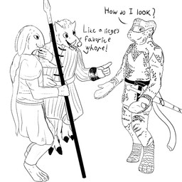 5_fingers anthro armor black_text chainmail clothed clothing dialogue exclamation_point fingers fur gesture group hair hand_gesture holding_object holding_weapon looking_at_another male medieval medieval_armor medieval_clothing melee_weapon open_mouth pointing pointing_at_another polearm profanity pupils question_mark spear standing tail talking_to_another text tongue tongue_out trio warrior weapon whiskers white_sclera leprzil domestic_pig lagomorph leporid mammal mouse murid murine rabbit rodent suid suine sus_(pig) wild_boar 1:1 2023 black_and_white digital_media_(artwork) english_text hi_res monochrome sketch