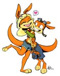 anthro blonde_hair clothed clothing duo eyewear eyewear_on_head face_squish female fingerless_gloves fur gloves goggles goggles_on_head hair handwear heart_symbol hug love male midriff orange_body orange_fur partially_clothed paws simple_background squish white_background jackajoke jak_and_daxter naughty_dog sony_corporation sony_interactive_entertainment daxter tess_(jak_and_daxter) mammal mustelid ottsel digital_media_(artwork) hi_res