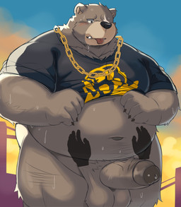 anthro balls belly belly_rub blush bodily_fluids bottomless clothed clothing clothing_lift disembodied_hand duo erection facial_scar foreskin genital_fluids genitals jewelry male missing_eye musclegut muscular navel necklace obese overweight pecs penis precum print_clothing print_shirt print_t-shirt print_topwear scar shirt shirt_lift sunset sweat t-shirt topwear bhtoss mihoyo zenless_zone_zero ben_bigger bear mammal 2024 absurd_res hi_res