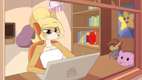 anthro blonde_hair blue_eyes book breasts cleavage clothed clothing computer countershade_torso countershading electronics female hair headgear headphones headset inside laptop plushie solo tan_body tan_countershading kanashiipanda book_of_lust jake_hart julia_woods deer mammal 16:9 animated animated_gif hi_res loop short_playtime widescreen