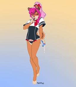 accessory anthro biped black_clothing black_nose black_panties black_underwear bottle bow_ribbon brown_body brown_fur claws clothed clothing container countershade_face countershade_torso countershading erection erection_under_clothing femboy front_view fur genitals hair hair_accessory hair_bow hair_ribbon holding_bottle holding_container holding_object humanoid_genitalia humanoid_penis leg_markings looking_at_viewer male markings multicolored_body one_eye_closed panties partially_clothed penis pink_hair ponytail ribbons simple_background socks_(marking) solo sunscreen swimwear tan_body tan_countershading tan_fur tan_markings tongue tongue_out two_tone_body underwear wink winking_at_viewer malachyte chipmunk ground_squirrel mammal rodent sciurid 2025 hi_res