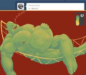 abdominal_bulge belly big_belly green_body green_skin hammock humanoid_pointy_ears male male_pred muscular muscular_male pointy_ears same_size_vore sleeping vore jahgo humanoid orc