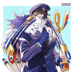 anthro beak blue_background blue_body blue_clothing blue_feathers blue_hat blue_headwear blue_topwear blush border clothed clothing feathers hat headgear headwear holding_object looking_at_viewer male multicolored_body multicolored_feathers police police_hat police_uniform red_eyes simple_background solo sparkles tail tail_feathers text topwear uniform white_body white_border white_feathers 1boshi lifewonders tokyo_afterschool_summoners horus_(tas) avian bird falcon falconid 2020 digital_media_(artwork) english_text portrait three-quarter_portrait