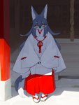 anthro asian_clothing blue_body blue_fur blue_hair blue_tail blush bottomwear claws clothed clothed_anthro clothed_female clothing east_asian_clothing female finger_claws fingers footwear fully_clothed fully_clothed_anthro fully_clothed_female fur hair japanese_clothing kimono looking_at_viewer orange_eyes shoes smile solo tail topwear kame_3 canid canine canis mammal wolf 2025 absurd_res digital_media_(artwork) hi_res