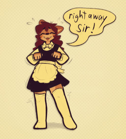 anthro apron blush bow_tie clothed clothing crossdressing crossdressing_male emanata footwear legwear long_socks maid_uniform male male_anthro paw_pose pose servant smile socks solo speech_bubble standing text thigh_highs uniform goopystem_(artist) kipper_(goopystem) domestic_cat felid feline felis mammal english_text halftone hi_res