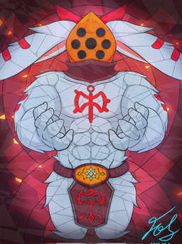 abs anthro big_butt big_ears blue_body bottomwear butt clothing front_view horn leg_tuft loincloth male markings mask multicolored_body muscular muscular_arms muscular_male red_body solo stained_glass thigh_tuft tuft fol_ink atlyss enok_(atlyss) oathkin_(atlyss) poon_(atlyss) 2025 digital_drawing_(artwork) digital_media_(artwork) hi_res