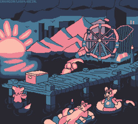 amusement_park amusement_ride anthro clothing cloud evening ferris_wheel group life_preserver mountain mountain_range pier reflection roller_coaster scenery sea simple_coloring sun sunset swimming swimwear toony water garbage_art mammal mustelid otter 2025 absurd_res digital_media_(artwork) dithering hi_res pixel_(artwork) restricted_palette shaded simple_shading