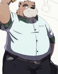 anthro belly black_nose blush bottomwear brown_body brown_fur clothing fur humanoid_hands kemono male overweight overweight_male pants shirt solo topwear emufu bear mammal 2018