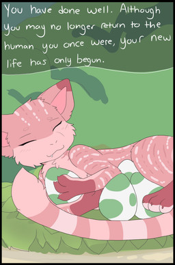 after_transformation cute_fangs dialogue egg eyes_closed fangs female feral fluffy fur gender_transformation good_ending happy holding_egg holding_object lying nest permanent permanent_transformation pink_body smile solo tail teeth text transformation gushoafterdark nintendo pokemon generation_1_pokemon legendary_pokemon mammal mew_(pokemon) pokemon_(species) absurd_res comic digital_media_(artwork) english_text hi_res
