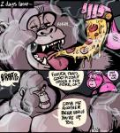2018 anthro ape blush burping clothed clothing dialogue dramamine dramarilla duo english_text food gorilla haplorhine hi_res male male/male mammal muscular muscular_male open_mouth pecs pizza primate shirt smoke speech_bubble tank_top text tongue tongue_out topwear