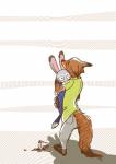 anthro barefoot beverage clothed clothing coffee container cup dipstick_tail duo feet female fur hug male markings multicolored_tail rear_view simple_background size_difference tail tail_markings wide_eyed ody disney zootopia judy_hopps nick_wilde canid canine fox lagomorph leporid mammal rabbit red_fox true_fox 2016 hi_res