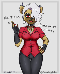 alternate_species anthro clothing collar cross ear_piercing facial_piercing female gloves hair handwear horn jewelry lip_piercing lip_ring looking_at_viewer necklace nose_piercing piercing red_eyes ring_piercing solo text white_hair commisargabe helltaker zdrada_(helltaker) hyena mammal spotted_hyena 2021 english_text