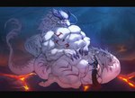 abs animal_genitalia anthro biceps blush clothed clothed/nude clothing duo embarrassed genital_slit genitals hair hand_on_abs kneeling male male/male muscular muscular_male nude robe side_view size_difference standing white_body kazhijun mythology ao_guang dragon eastern_dragon human mammal mythological_creature mythological_scalie scalie hi_res