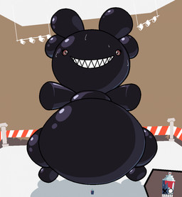balloon balloon_animal belly big_belly black_body bodily_fluids body_inflation duo fangs female head_expansion head_inflation hyper hyper_inflation inflatable inflation paint sharp_teeth size_difference smile spray_paint spray_paint_can stadium sweat teeth skyofsunnyfox nickelodeon nicktoons_network_arena balloo-nimal canman_(nna) animate_inanimate hi_res