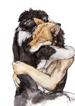 anthro black_body black_fur black_nose blue_eyes bodily_fluids crying duo fur hug male mouth_closed side_view simple_background tan_body tan_fur tears white_background white_body white_fur kola_(artist) border_collie canid canine canis collie domestic_dog german_shepherd herding_dog mammal pastoral_dog sheepdog hi_res painting_(artwork) traditional_media_(artwork) watercolor_(artwork)