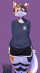 anthro black_body black_bottomwear black_clothing black_fur black_nose black_shorts bottomwear bulge choker claws clothed clothing cute_fangs dipstick_ears dipstick_tail dolphin_shorts ear_markings eyewear fangs femboy fingers fur glasses grey_clothing grey_shirt grey_topwear hand_on_hip heart_symbol jewelry legwear long_sleeve_shirt male markings multicolored_body multicolored_ears multicolored_fur necklace orange_body orange_fur pattern_clothing pattern_legwear pattern_thigh_highs shirt shorts smile solo standing striped_clothing striped_legwear striped_thigh_highs stripes tail tail_markings teeth text thigh_highs topwear white_body white_fur pokithekat poki_(pokithekat) calico_cat domestic_cat felid feline felis mammal 9:16 hi_res