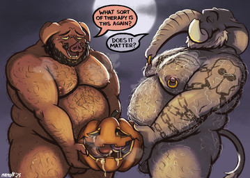 anthro arm_tattoo balls beard belly big_ears bodily_fluids body_hair broken_tusk butt chain_tattoo chest_tattoo cum cum_in_pumpkin dialogue duo facial_hair food fruit full_moon genital_fluids genitals grey_beard grey_body grey_facial_hair grey_skin hairy_balls holidays interspecies jack-o'-lantern looking_pleasured male male/male manly masturbation mature_anthro mature_male moon musclegut muscular muscular_anthro muscular_male mutual_masturbation nipple_piercing nipple_ring nipple_ring_pull nipples nude nude_anthro nude_male outside overweight overweight_anthro overweight_male penetrating_pumpkin penetration penile penile_masturbation penile_penetration penis piercing pink_body pink_skin plant proboscis_(anatomy) pumpkin pumpkin_fucking ring_piercing skull_tattoo speech_bubble sweat sweatdrop tail tattoo text touching_tips trunk_(anatomy) tusks white_beard white_body_hair white_facial_hair nanoff halloween horacio_(nanoff) joe_(nanoff) domestic_pig elephant elephantid mammal proboscidean suid suine sus_(pig) 2025 artist_name colored dated digital_media_(artwork) english_description english_text shaded