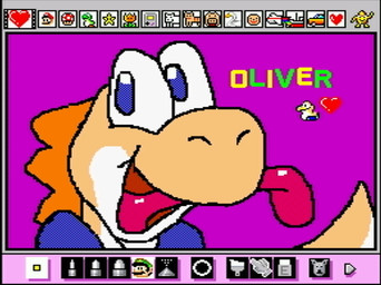 anthro art_program_in_frame blue_eyes clothing heart_symbol looking_back male purple_background screencap simple_background text tongue tongue_out rodricoro mario_bros mario_paint nintendo fan_character oliver_(includefireio) dinosaur orange_yoshi prehistoric_species reptile scalie yellow_yoshi yoshi bust_portrait digital_media_(artwork) dithering mario_paint_(artwork) portrait
