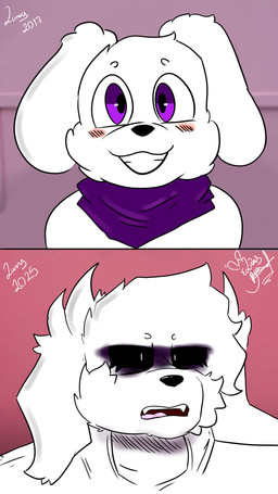 anthro before_and_after black_eyes blush clothed clothing floppy_ears fur hair male pupils purple_eyes purple_scarf scarf smile solo text white_body white_clothing white_fur white_hair white_pupils lunnybunny19 seong_gi-hun's_before_and_after squid_game lunny_(lunnybunny19) lagomorph leporid mammal rabbit 9:16 absurd_res hi_res meme