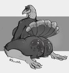 anthro avian_feet beak big_breasts big_butt breasts butt claws feathers female genitals gravy huge_butt kneeling looking_at_viewer non-mammal_breasts nude pussy rear_view simple_background smile solo tail tail_feathers thick_thighs jezzlen avian bird galliform phasianid turkey 2023 black_and_white digital_media_(artwork) hi_res monochrome sketch