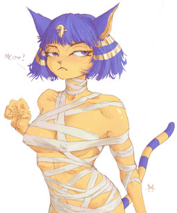 anthro bdsm big_breasts blue_hair blush bob_cut bondage bound breasts dialogue egyptian female gold_(metal) hair inner_ear_fluff jewelry mummy_wrappings purple_eyes solo speech_bubble tuft waist yellow_body javlinka animal_crossing nintendo ankha_(animal_crossing) domestic_cat felid feline felis mammal mummy undead absurd_res hi_res