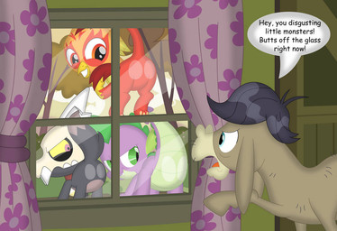 anthro butt curtains_open feral group male male/male rubbing_butt teasing_with_butt window porygon2z disney friendship_is_magic hasbro my_little_pony mythology the_owl_house cranky_doodle_donkey_(mlp) fan_character king_clawthorne spike_(mlp) asinus avian demon donkey dragon equid equine gryphon mammal mythological_avian mythological_creature mythological_scalie scalie titan_(the_owl_house)