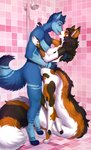 anthro anthro_on_anthro big_tail blue_body blue_fur breasts detailed_background digitigrade duo female fluffy fluffy_tail fur inside interspecies kissing long_tail male male/female mottled nipples nude piebald shower standing tail pipyaka chef_sigmund_bautz melody_(mellybyte) calico_cat canid canine canis domestic_cat felid feline felis mammal wolf absurd_res hi_res