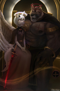 ambiguous_gender anthro beard big_muscles clothed clothing detailed_background eyewear facial_hair halo huge_muscles intersex intersex/male male melee_weapon monocle muscular muscular_anthro muscular_male nipples scar size_difference sword tattoo toony weapon wings sharline vortex_(sharline) canid canine canis domestic_dog mammal absurd_res detailed hi_res