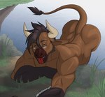 anthro back_muscles beard belly biceps biped black_beard black_body black_facial_hair black_hair black_hands brown_body brown_eyes brown_nose butt eyebrows eyewear facial_hair glasses gloves_(marking) hair horn male markings musclegut muscular muscular_anthro muscular_male seductive simple_background solo suggestive tail tail_tuft teeth text tongue tongue_out triceps tuft zwolf khayen_(character) bovid bovine cattle mammal 2023 digital_drawing_(artwork) digital_media_(artwork) english_text hi_res signature