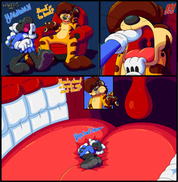 2_toes 3_toes 4_fingers anthro beak big_feet big_pawpads big_tongue big_uvula cartoon_gloves cartoon_physics duo feet fingers furniture in_mouth male male/male open_beak open_mouth pawpads paws pink_tongue red_tongue size_difference sofa soles tail text thick_tongue toes tongue toony toony_moment uvula vore wearing_gloves whiskers wide_tongue marquis2007 aj_(marquis2007) chase_(marquis2007) avian bird blue_jay cheetah corvid felid feline hybrid jay_(bird) mammal new_world_jay oscine pantherine passerine tiger absurd_res comic english_text hi_res