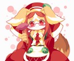 4_fingers anthro blush breasts clothed clothing daww domestic eyewear female female_anthro fingers fluffy fluffy_tail food fully_clothed fur glasses hair kemono long_hair looking_at_viewer orange_body orange_fur red_eyes red_hair simple_background small_breasts smile solo tail nell_two cyberconnect2 drecom full_bokko_heroes chantico_(full_bokko_heroes) canid canine canis domestic_dog mammal 2016