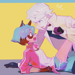 anthro blush bodily_fluids clothed clothing collar duo embarrassed eye_contact falling female gloves handwear looking_at_another lying male male/female on_back on_ground on_top open_mouth surprised sweat crazymuppet brand_new_animal studio_trigger michiru_kagemori shirou_ogami canid canine human mammal raccoon_dog tanuki 1:1