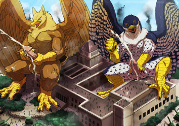 4_toes 5_fingers abs anthro balls beak biceps bodily_fluids brown_body brown_fur building building_destruction city city_background cityscape claws crush cum cumshot destruction detailed_background duo ejaculation erection extreme_size_difference feathered_wings feathers feet finger_claws fingers fur genital_fluids genitals hair house humanoid_genitalia macro macro_anthro macro_male male masturbation military muscular muscular_anthro muscular_male nude open_mouth orgasm outside paws pecs penile penis plant rampage ranged_weapon size_difference sky smile soldier tail tank_(vehicle) toe_claws toes vehicle warrior weapon white_body wings tatugon mythology carpo corvidius_(character) avian bird falcon falconid gryphon mythological_avian mythological_creature hi_res