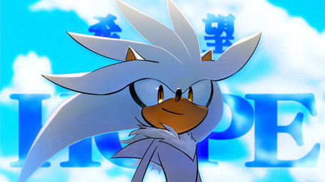 anthro black_nose blue_sky chest_tuft clothing cloud cloudy_sky conjoined_eyes day fur gloves grey_body grey_fur handwear hopeful looking_at_viewer looking_down looking_down_at_viewer low-angle_view male markings outside pointy_ears prick_ears quills_(anatomy) short_tail sky skyscape smile smiling_at_viewer solo standing tail text tuft upturned_eyes white_body white_clothing white_fur white_gloves white_handwear yellow_body yellow_eyes yellow_skin miijiu sega sonic_the_hedgehog_(series) silver_the_hedgehog eulipotyphlan hedgehog mammal cel_shading digital_drawing_(artwork) digital_media_(artwork) english_text hi_res japanese_text shaded widescreen